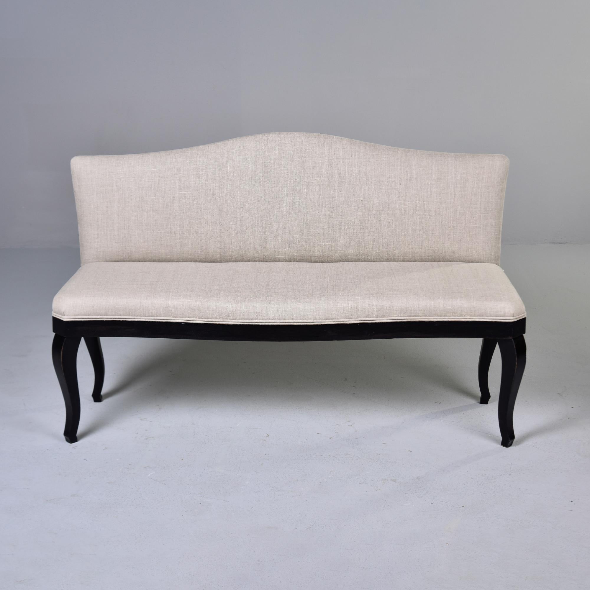 Ebonized Early 20th C Linen Covered French Hall Bench 