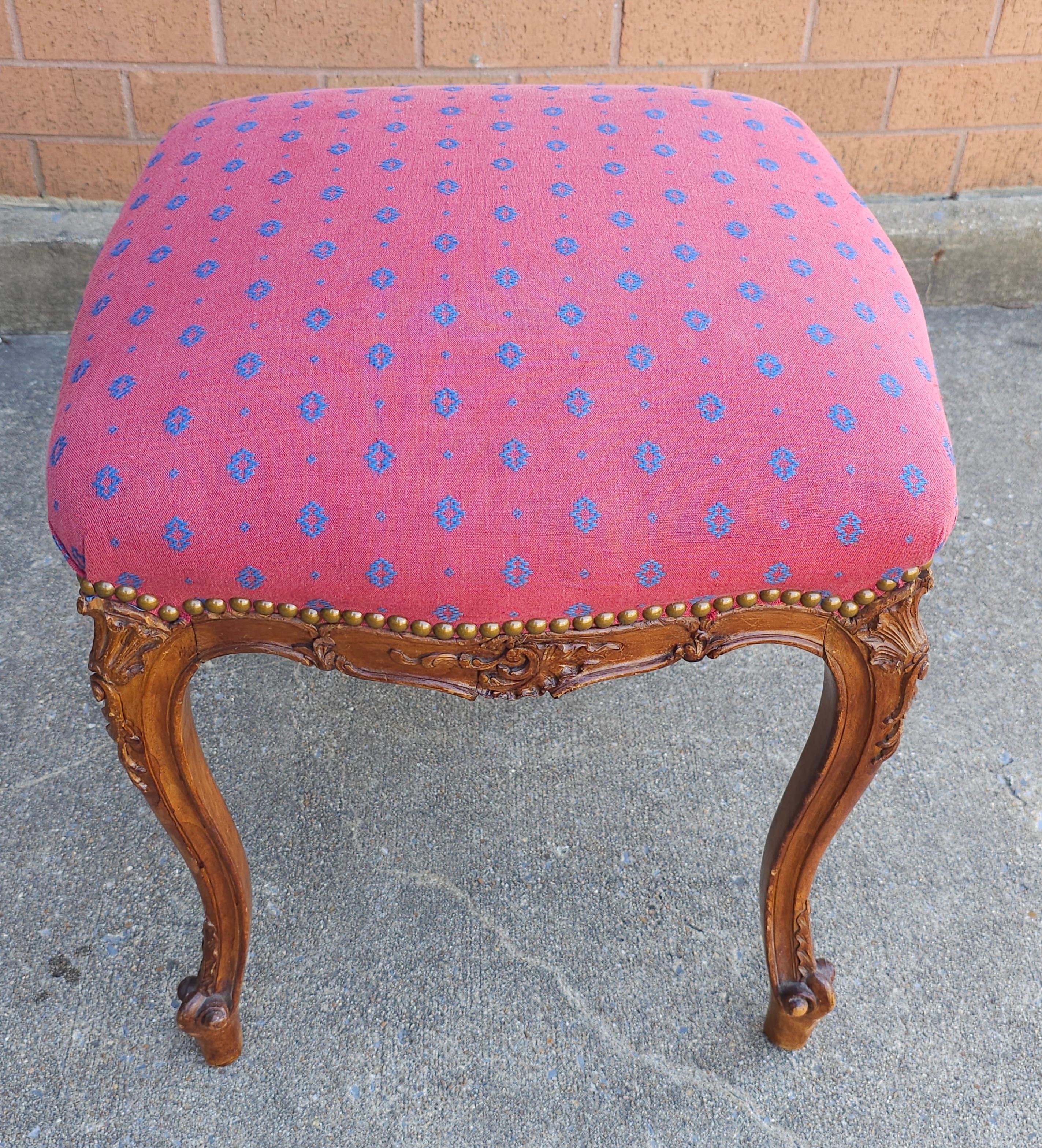 Unknown Early 20th C. Louis XV Carved Fruitwood Brass Nail Studded And Upholstered Stool For Sale