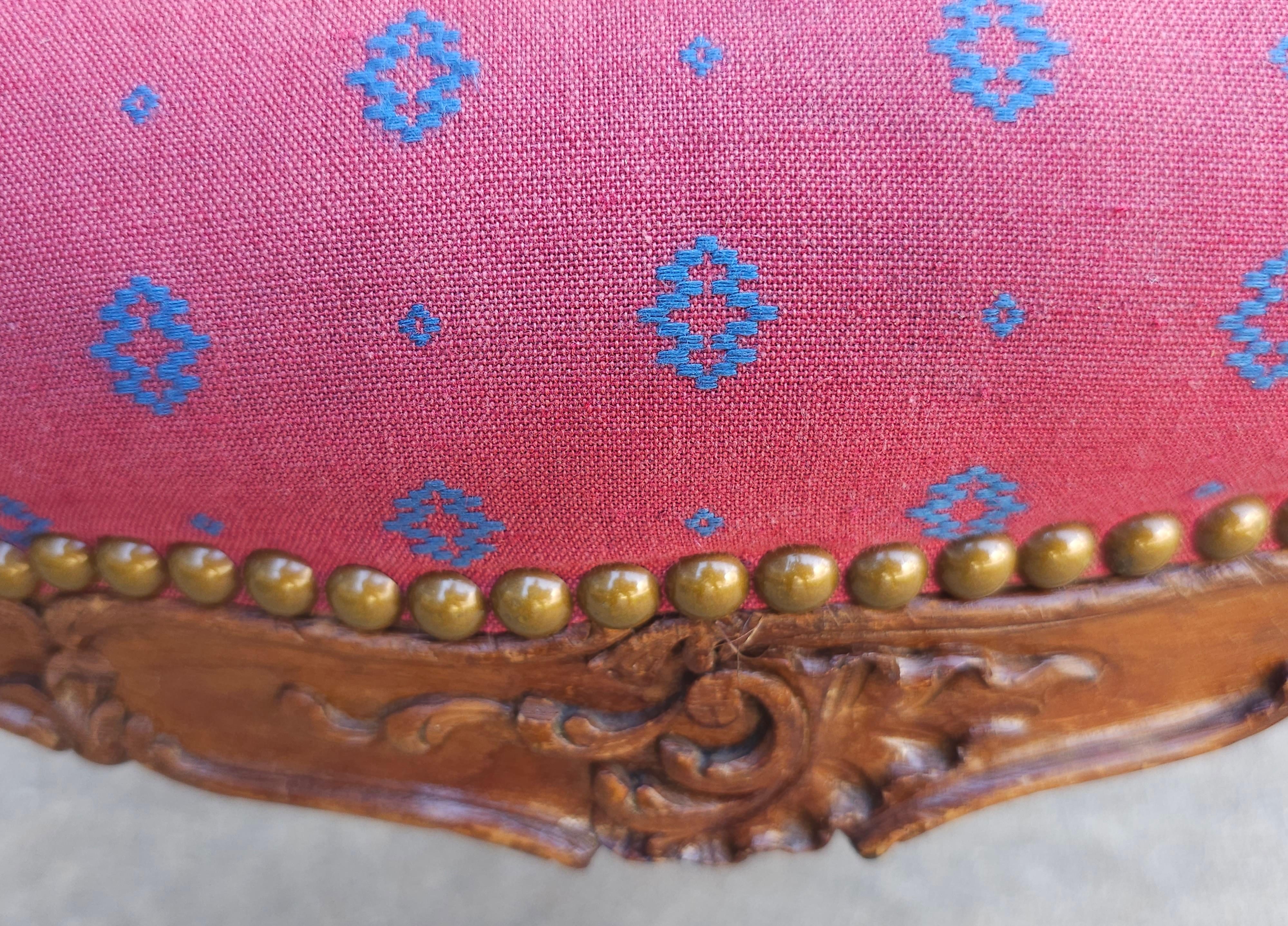 Early 20th C. Louis XV Carved Fruitwood Brass Nail Studded And Upholstered Stool In Good Condition For Sale In Germantown, MD