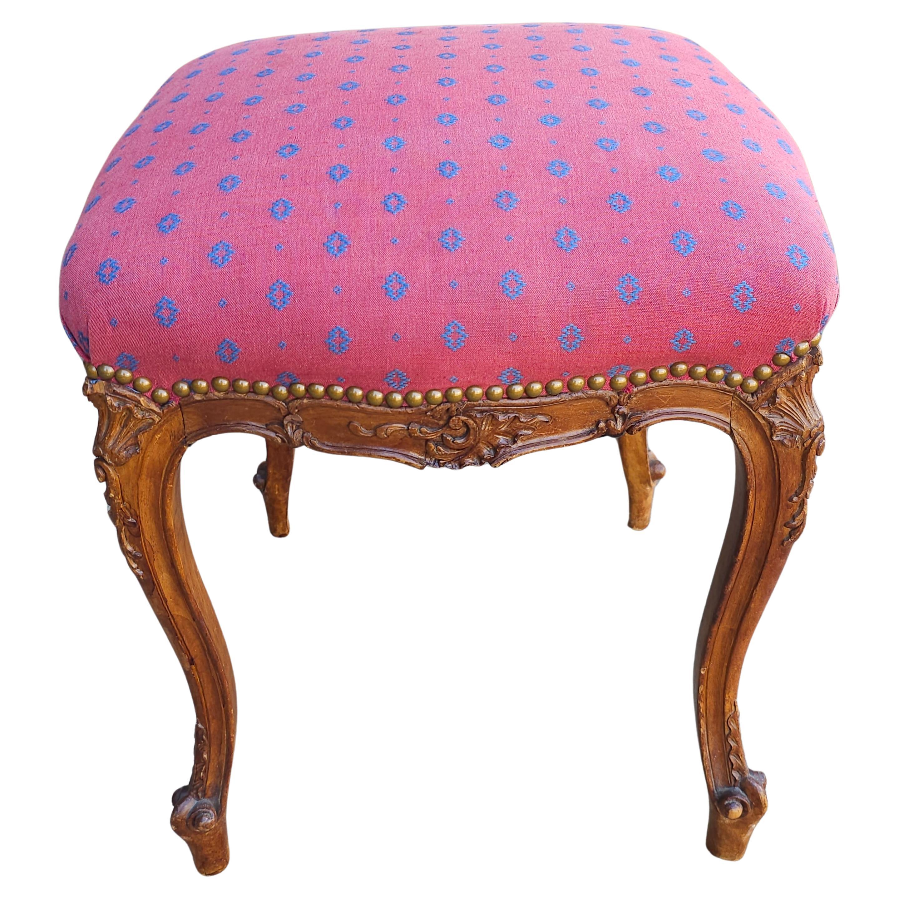 Early 20th C. Louis XV Carved Fruitwood Brass Nail Studded And Upholstered Stool For Sale