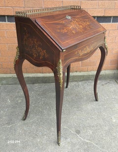 Early 20th C. Louis XV Marquetry Inlaid Mahogany Galleried Slant Front Desk