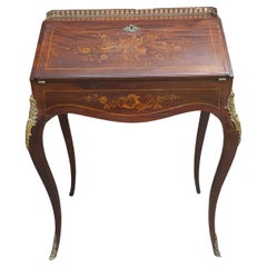 Early 20th C. Louis XV Marquetry Inlaid Mahogany Galleried Slant Front Desk 