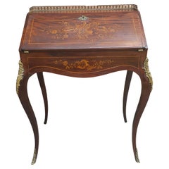 Early 20th C. Louis XV Marquetry Inlaid Mahogany Galleried Slant Front Desk
