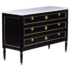 Antique Early 20th C Louis XVI Three Drawer Commode with Black Finish and White Marble T