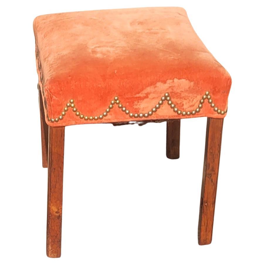 Victorian Early 20th C. Mahogany and Velvet Upholstered Stool with Nailhead Trims For Sale
