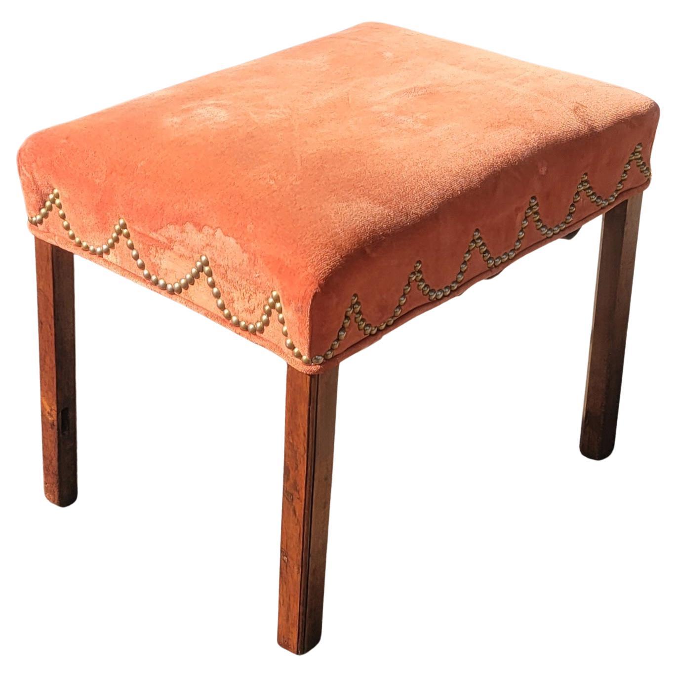Metal Early 20th C. Mahogany and Velvet Upholstered Stool with Nailhead Trims For Sale