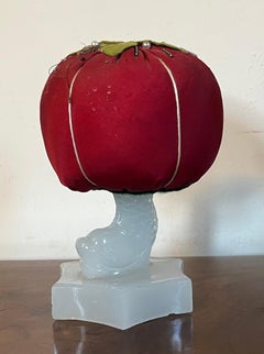 Early 20th c. Make-Do Tomato Pin Cushion on 19th c. Dolphin Sandwich Glass Stand