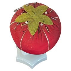 Early 20th c. Make-Do Tomato Pin Cushion on 19th c. Dolphin Sandwich Glass Stand