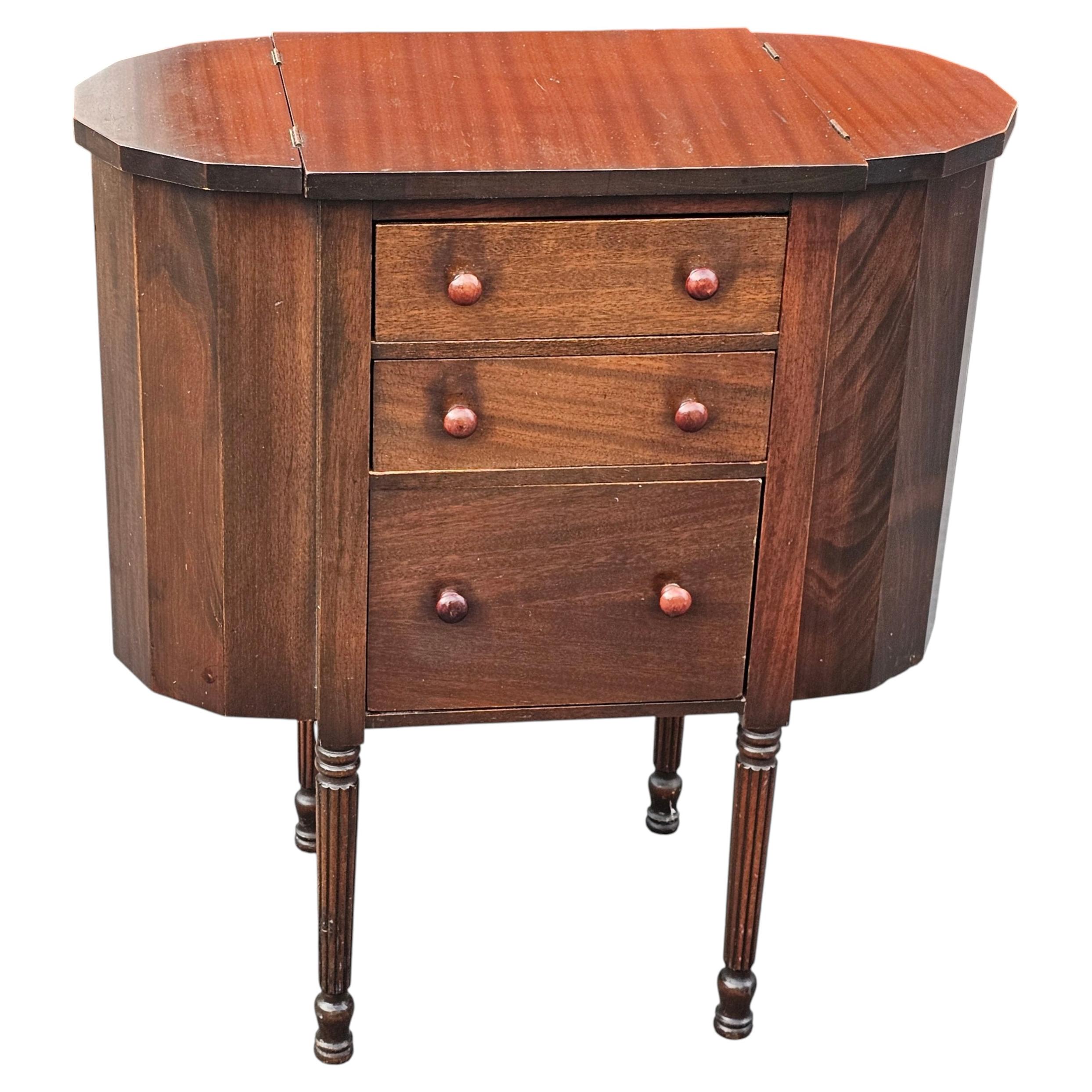 Early 20th C. Martha Washington Walnut and Mahogany Sewing Cabinet Side Table