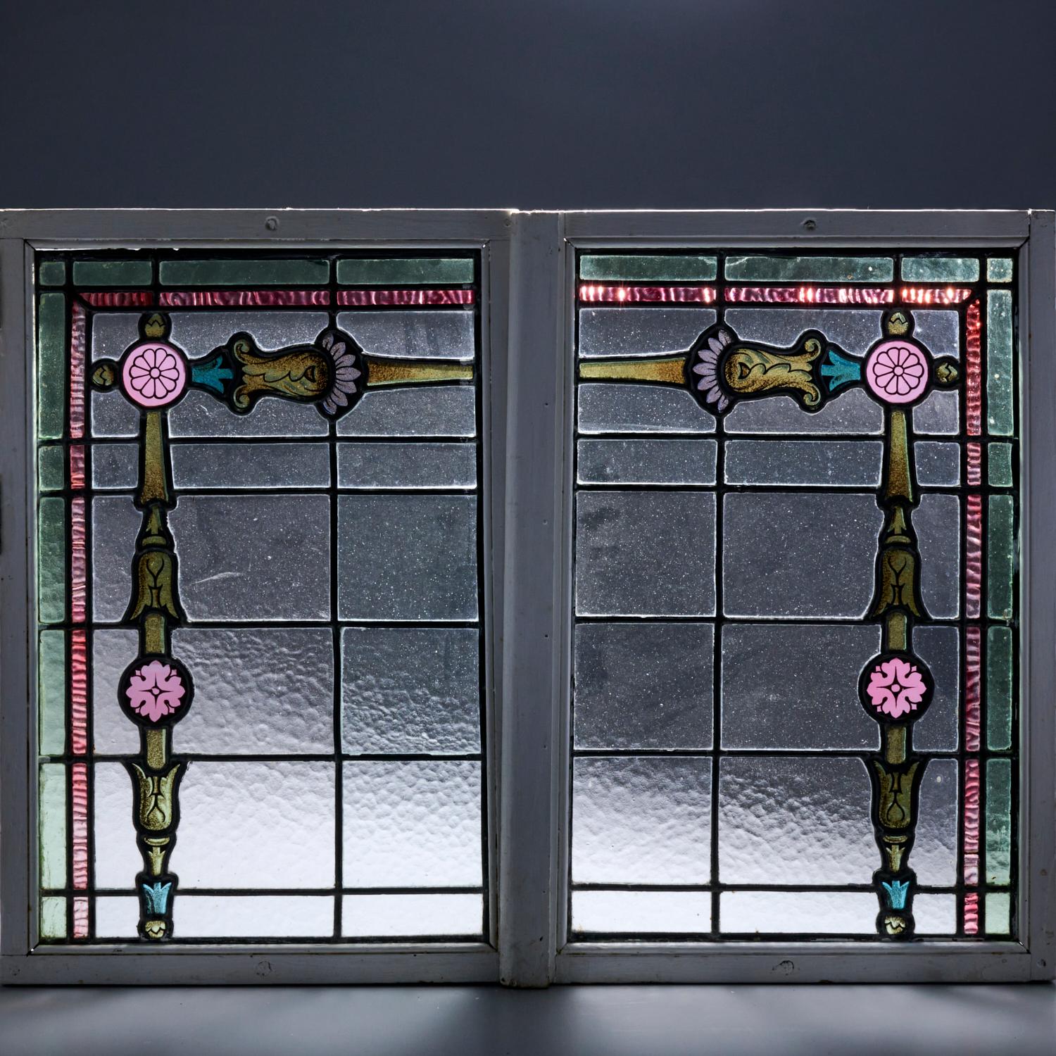 Early 20th C. Matched Pair of Stained Glass and Leaded Windows 3