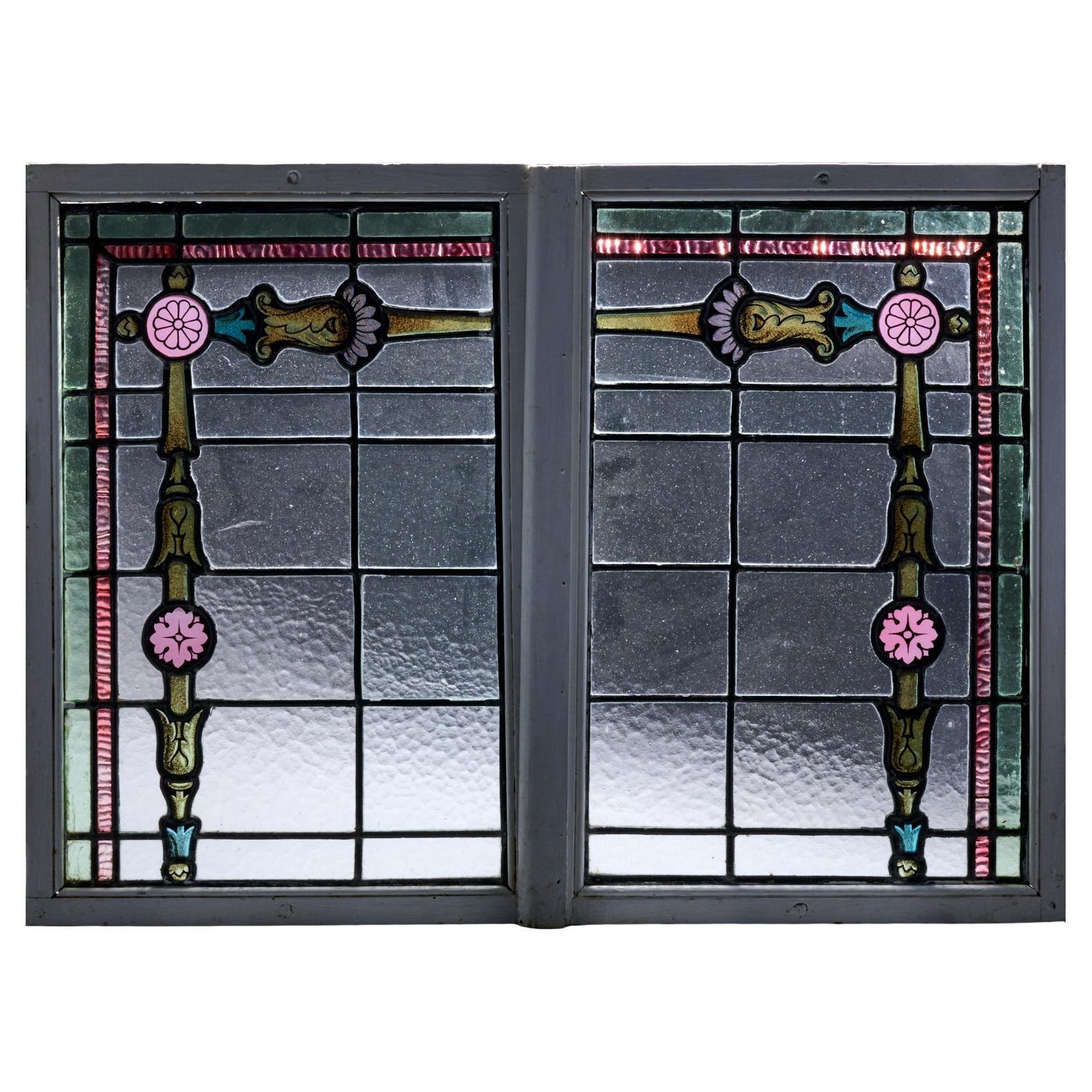 Early 20th C. Matched Pair of Stained Glass and Leaded Windows