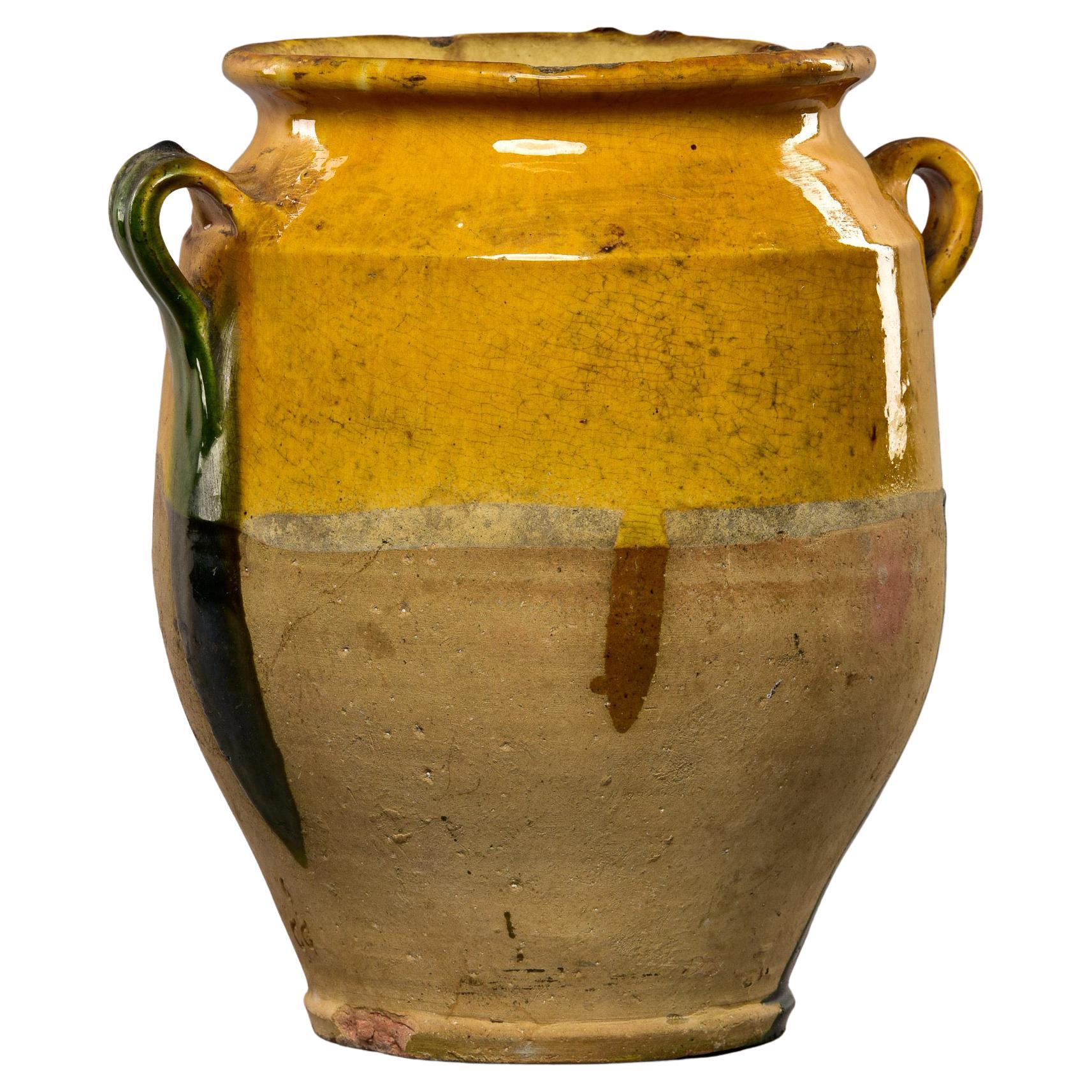 Early 20th C Medium Size Confit Jar with Green Handle