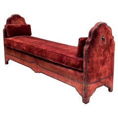 Early 20th-C. Monumental Baroque Style Velvet Bench With Brass Nailheads