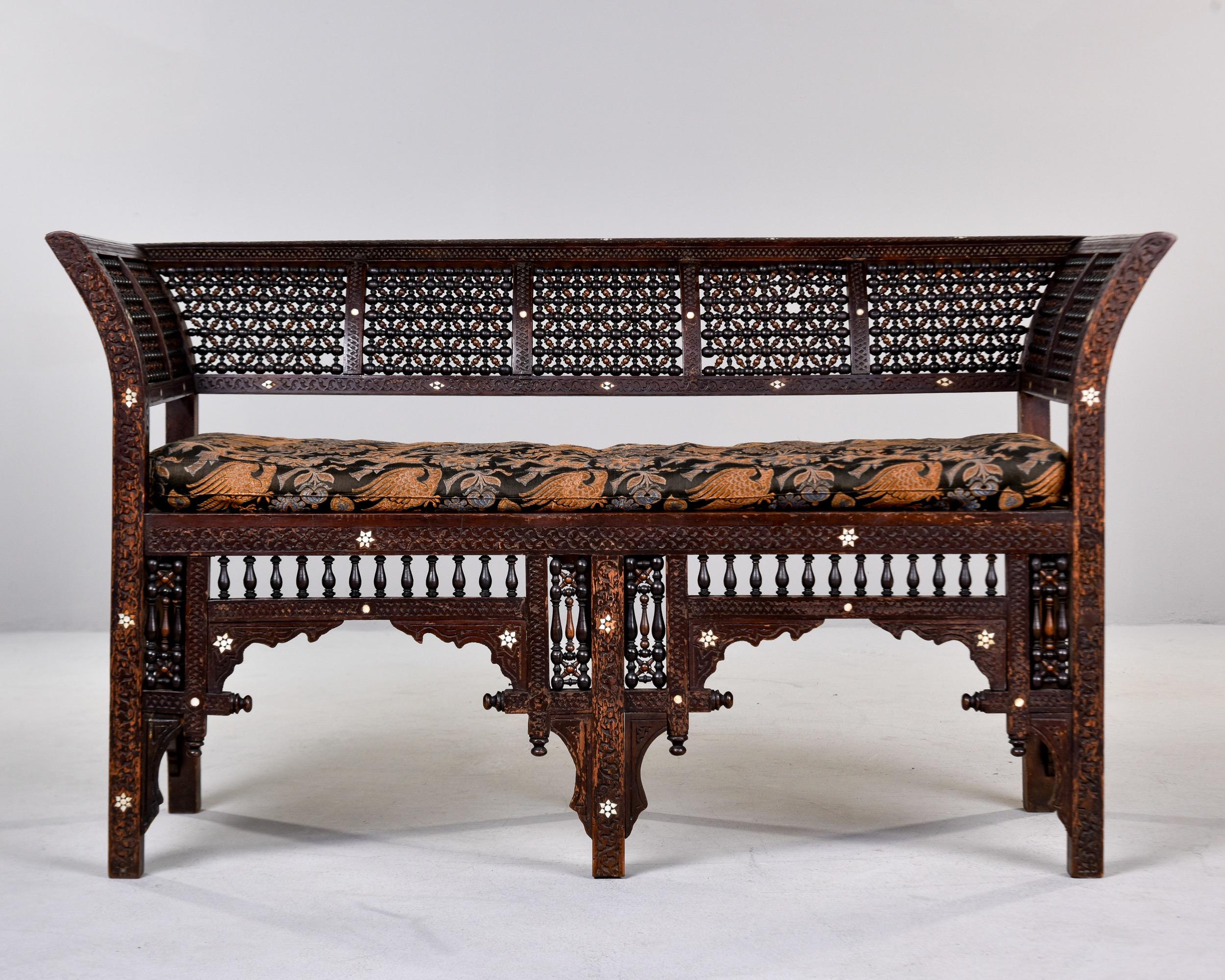 Turkish Early 20th C Moorish Intricately Carved Settee With Inlay  For Sale