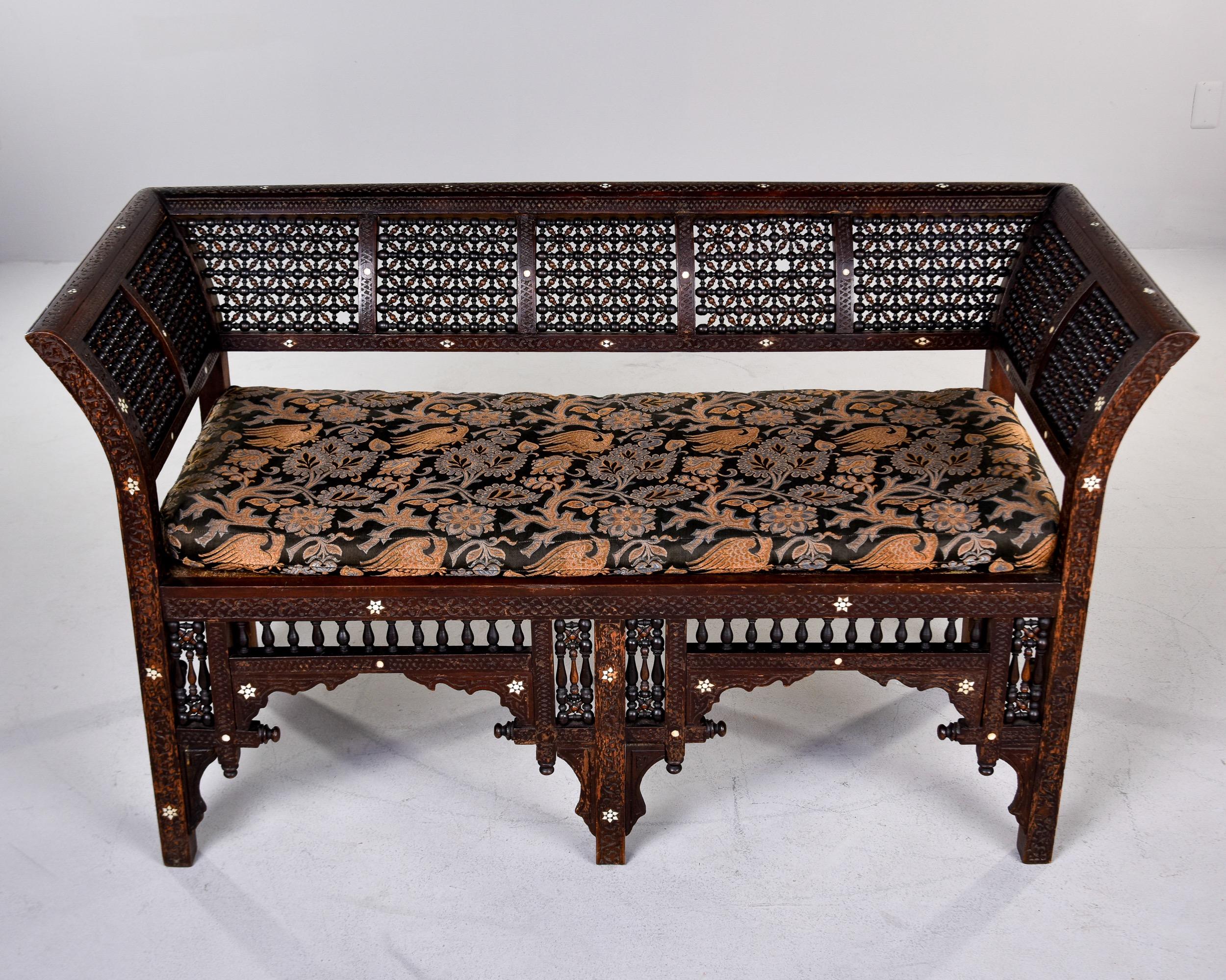 Hand-Carved Early 20th C Moorish Intricately Carved Settee With Inlay  For Sale
