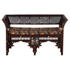 Early 20th C Moorish Intricately Carved Settee With Inlay