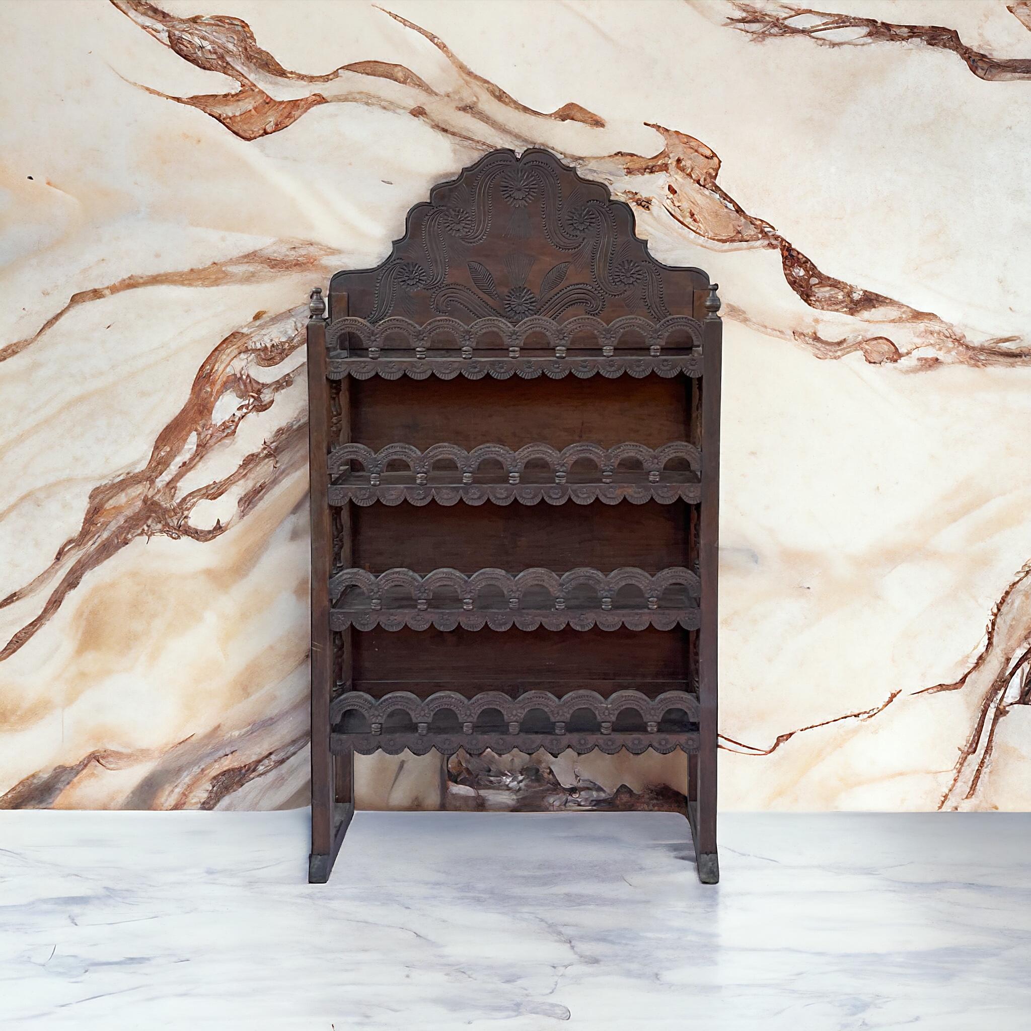 Moorish Early 20th-C. Moroccan Heavily Carved Fruitwood Bookcase / Etagere / Shelf For Sale
