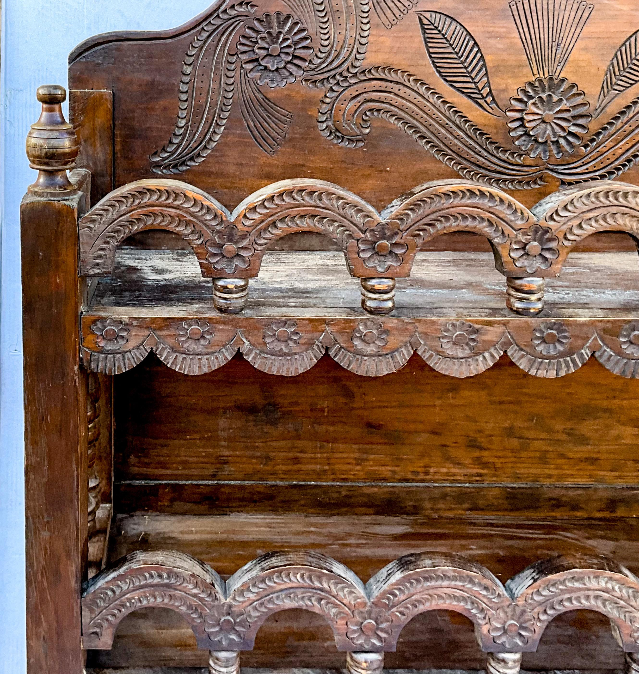 20th Century Early 20th-C. Moroccan Heavily Carved Fruitwood Bookcase / Etagere / Shelf For Sale