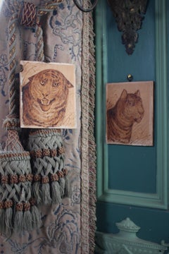 Early 20th C Naive Pokerwork Panels of Tigers by Edward Guest Folk Art