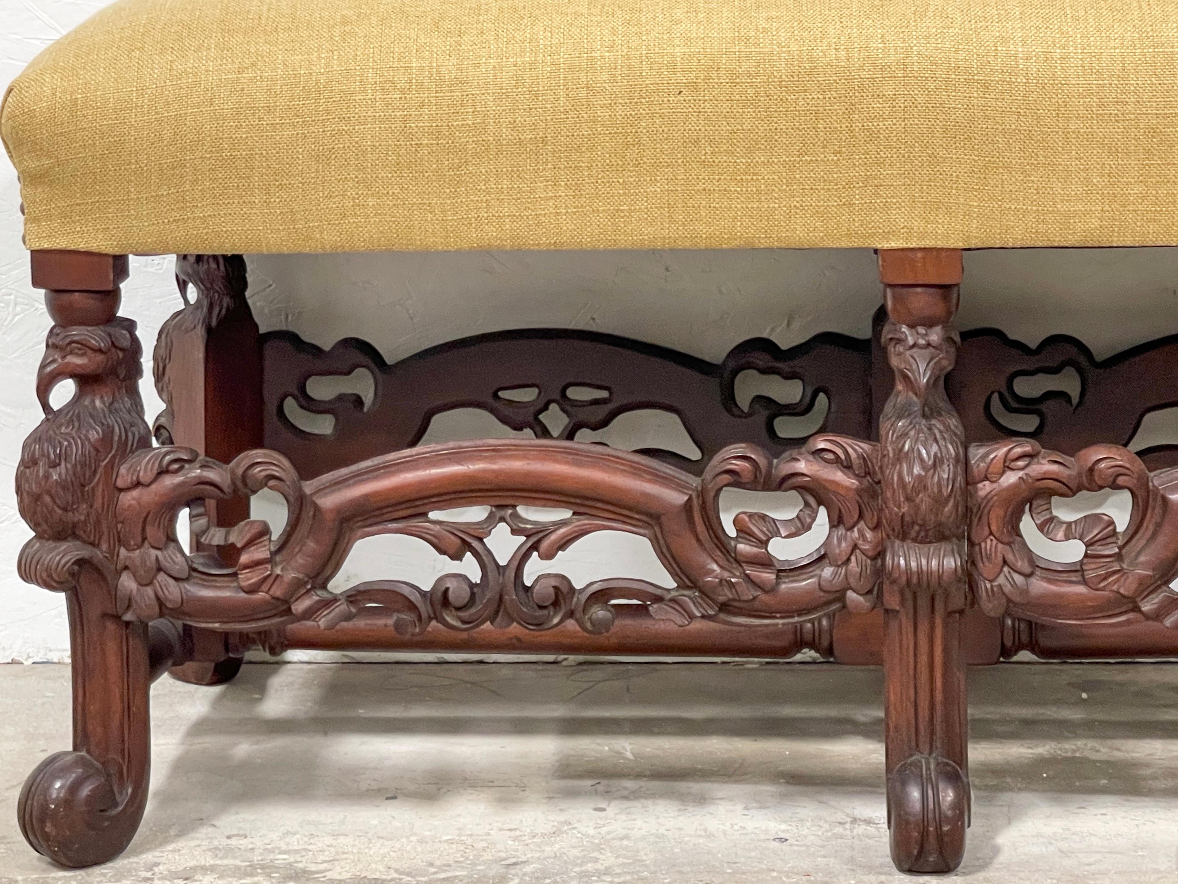 This is a fantastic bench! It is a neo-classical style carved Italian piece newly upholstered in a flax linen. The supports are wonderful hand carved eagles. It is in very good condition.

My shipping is only for the Continental US.