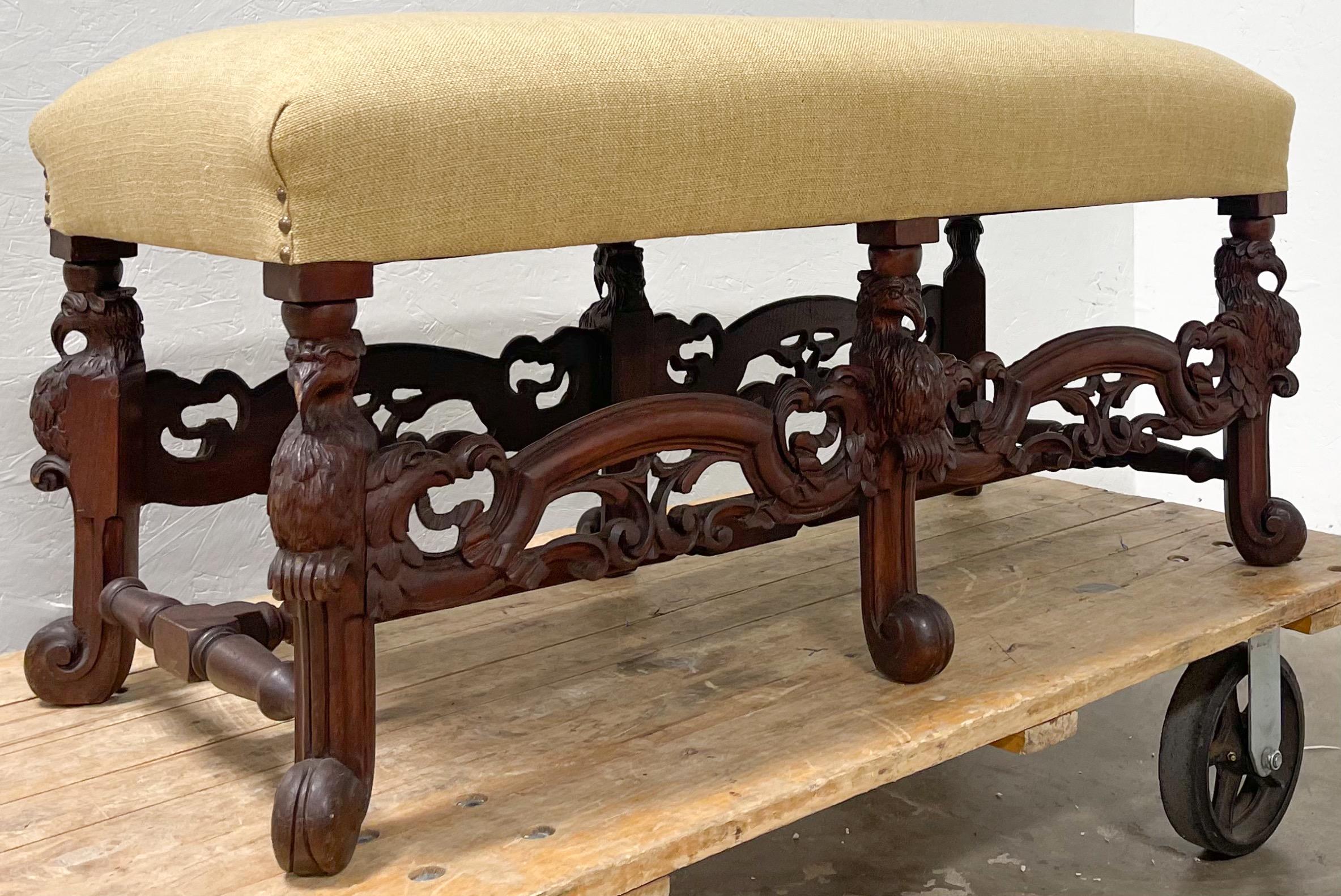 Neoclassical Early 20th-C. Neo-Classical Style Carved Mahogany Bench with Eagles For Sale