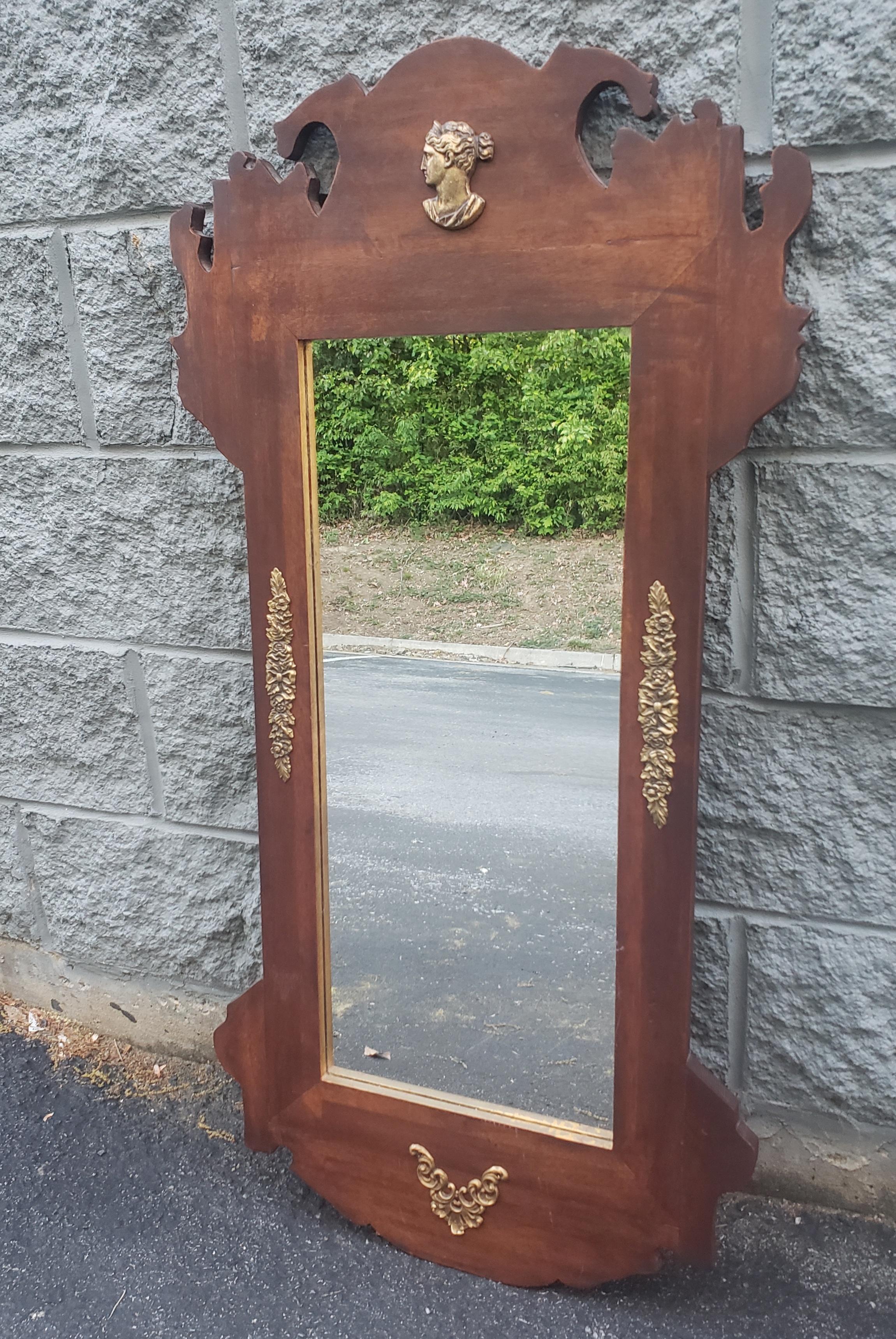 Early 20th C Neoclassical Bronze Mounted Partial Gilt Mahogany Scroll-Ear Mirror In Good Condition For Sale In Germantown, MD