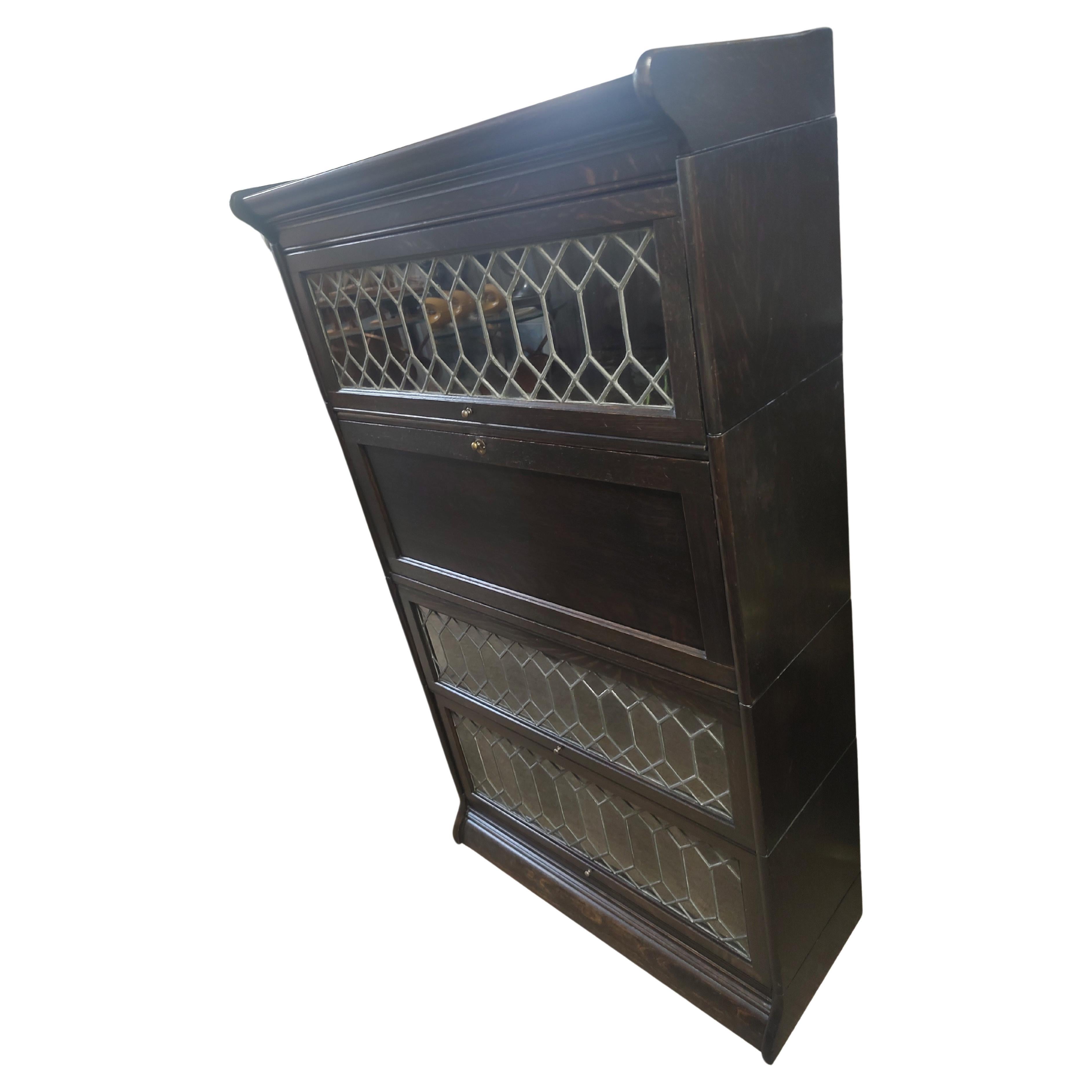 Early 20th C Oak Leaded Glass Bookcase W Desk attributed to Globe Wernicke  In Good Condition For Sale In Port Jervis, NY