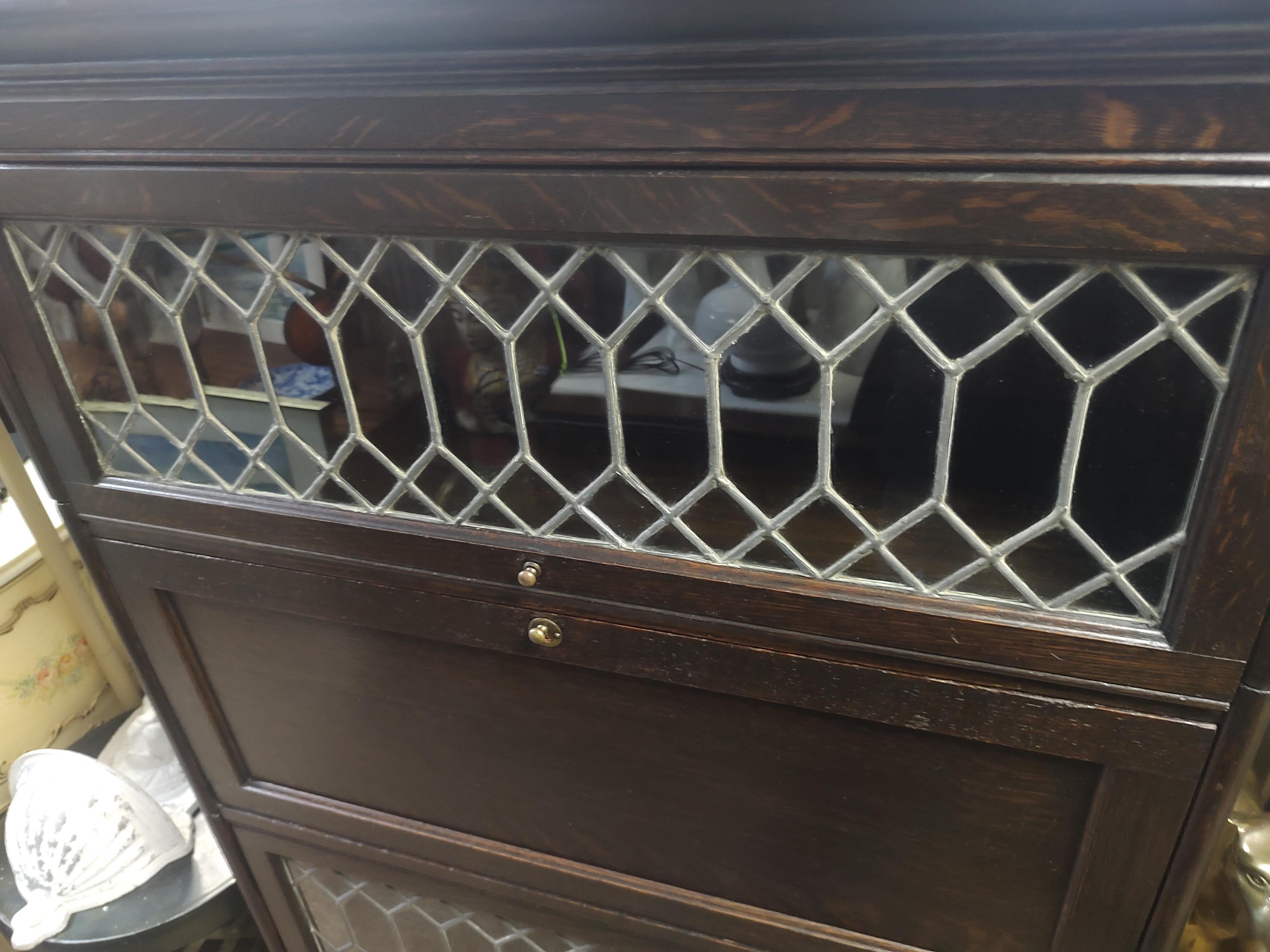 Early 20th C Oak Leaded Glass Bookcase W Desk attributed to Globe Wernicke  For Sale 1