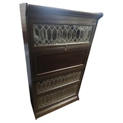 Early 20th C Oak Leaded Glass Bookcase W Desk attributed to Globe Wernicke