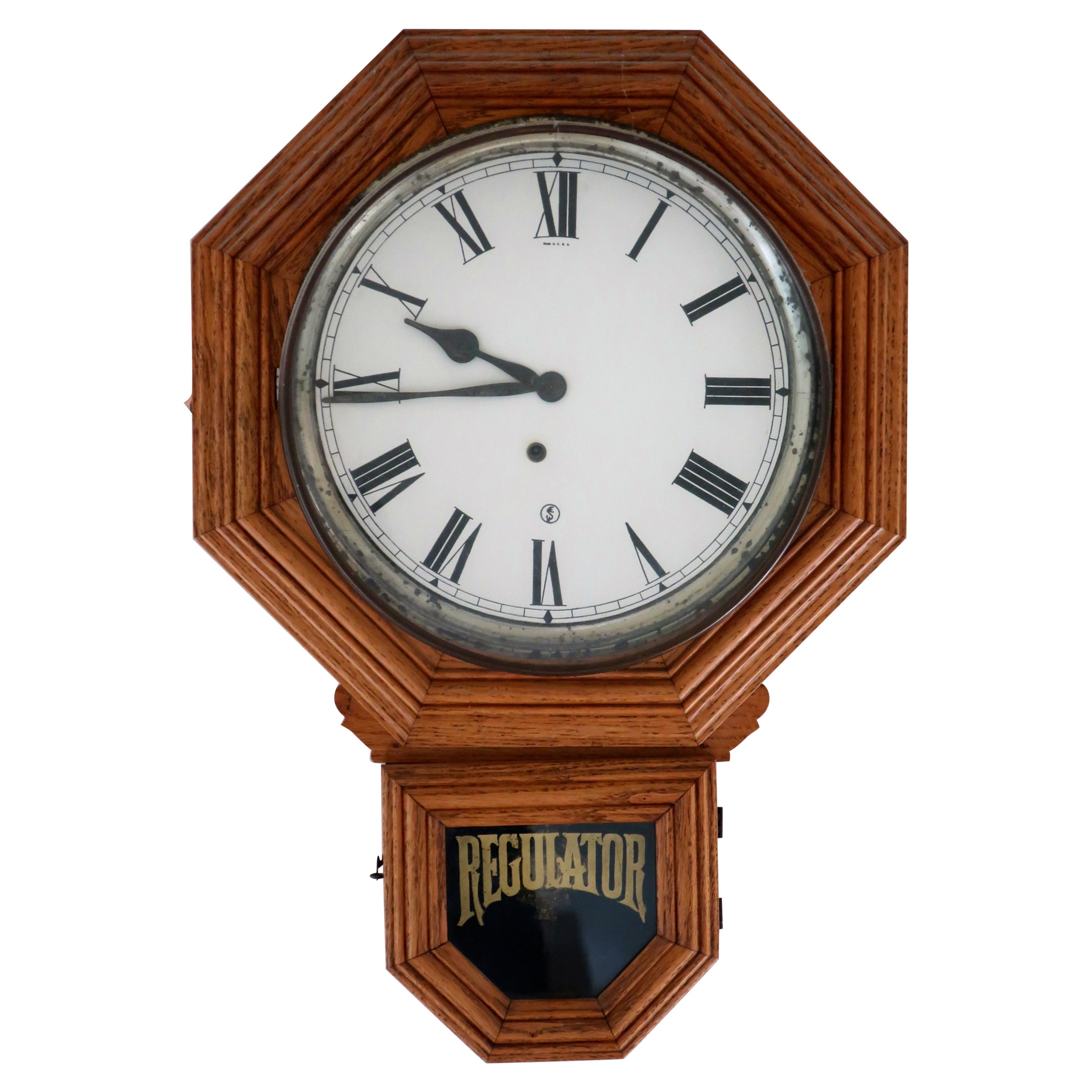 Early 20th Century Oak Regulator Wall Clock