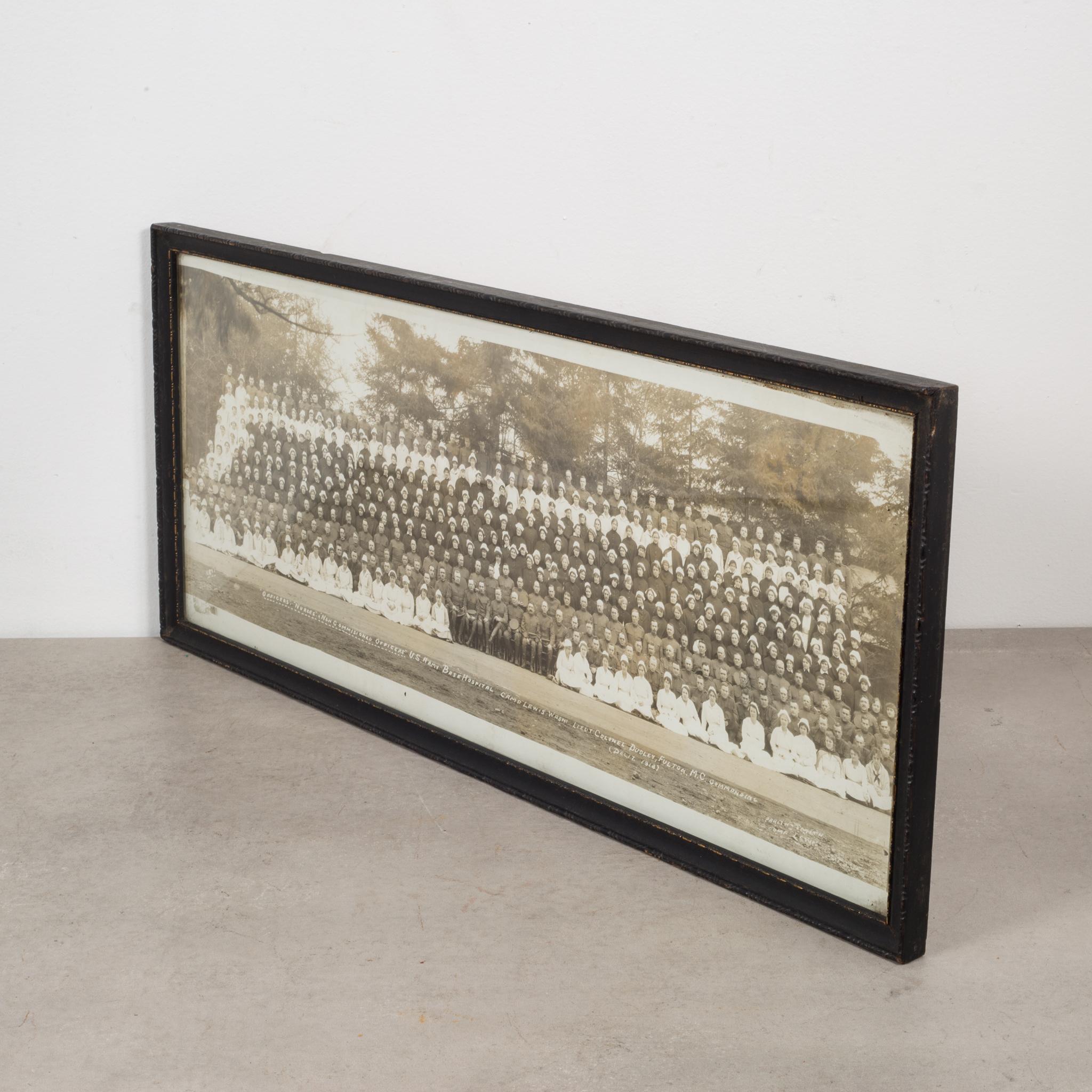 About

An original panoramic photo of a group of officers, nurses and non-commissioned officers from the U.S. Base Hospital in Camp Lewis Washington. The photo is black and white and framed in the original wooden frame. The picture has faded