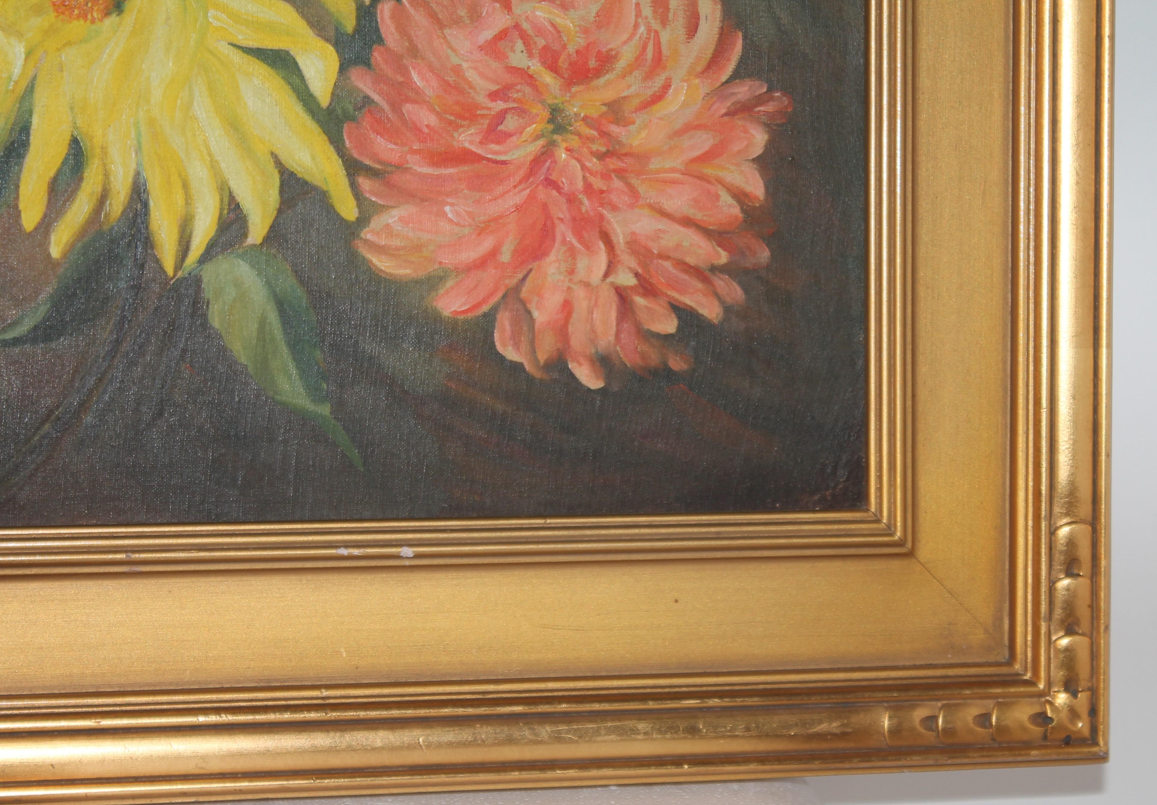 Adirondack Early 20th C Oil Painting Of Chrysanthemums For Sale