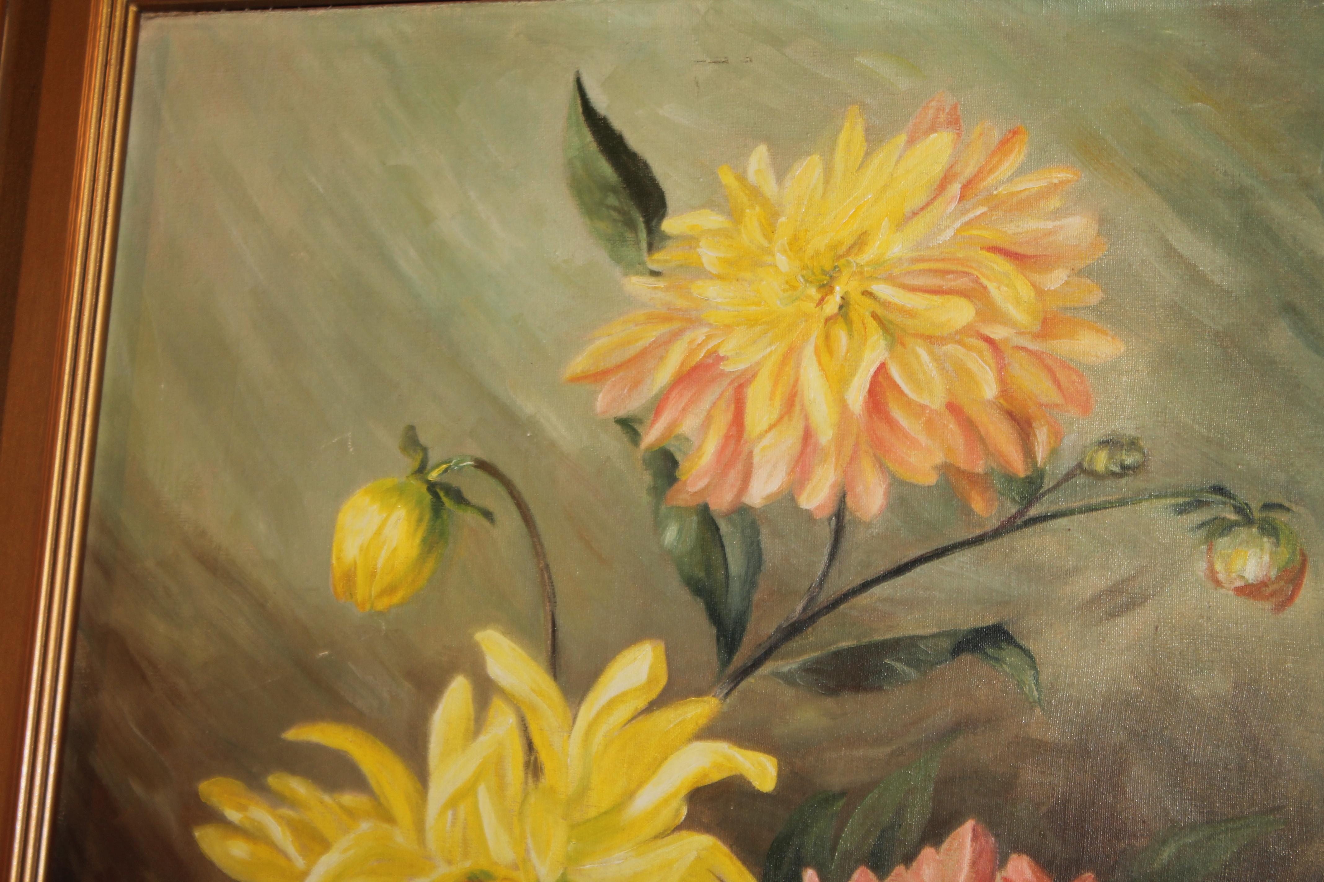 Hand-Painted Early 20th C Oil Painting Of Chrysanthemums For Sale