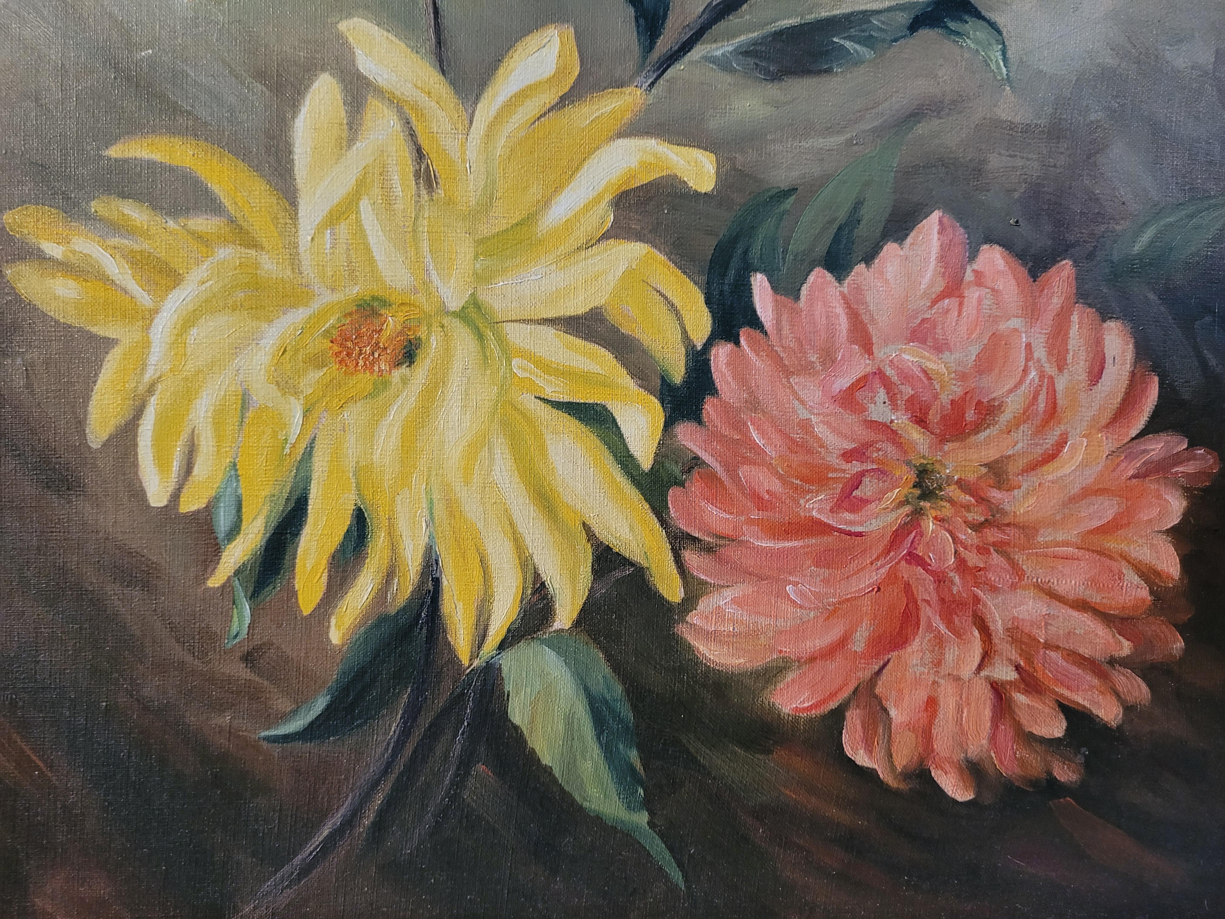 Early 20th C Oil Painting Of Chrysanthemums In Good Condition For Sale In Los Angeles, CA