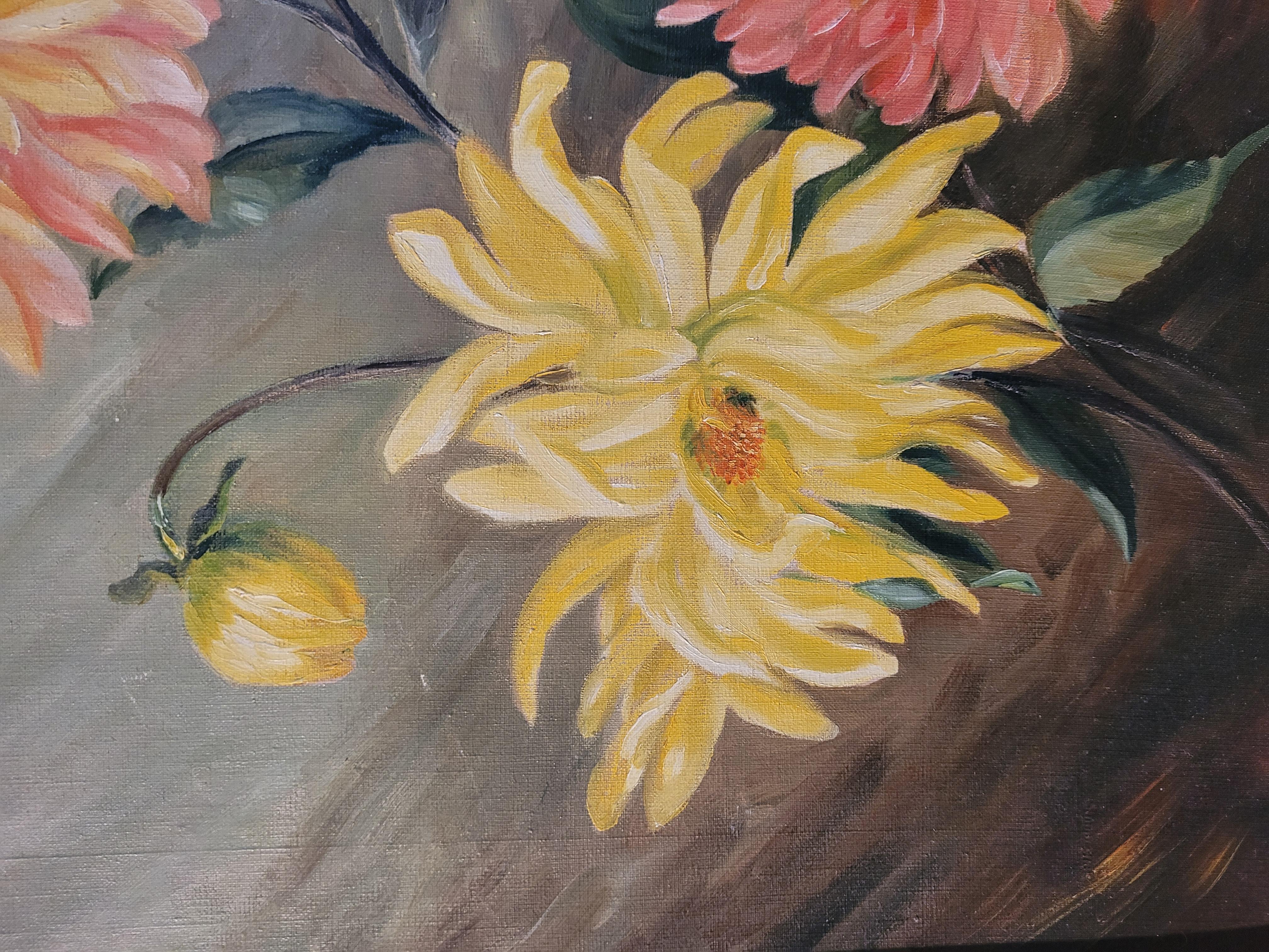 XIXe siècle Peinture à l'huile de chrysanthèmes du début du XXe siècle en vente