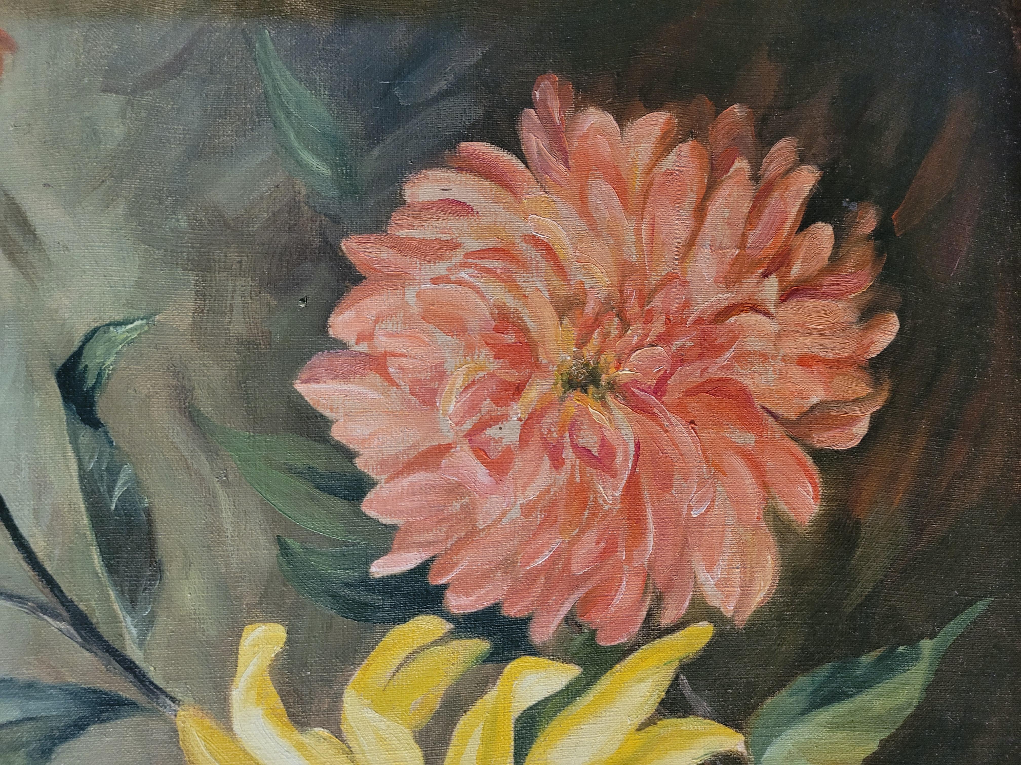 Canvas Early 20th C Oil Painting Of Chrysanthemums For Sale