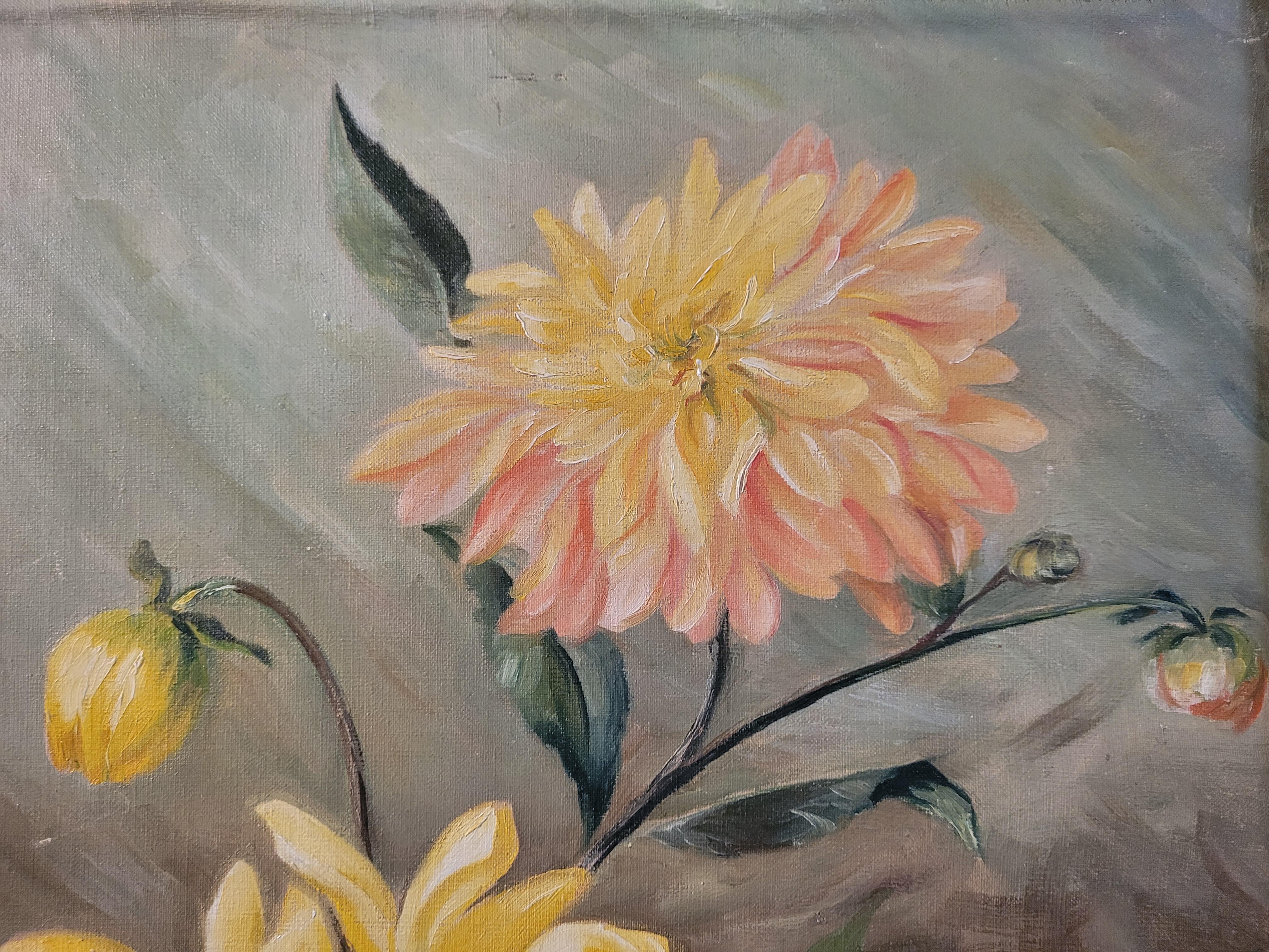 Peinture à l'huile de chrysanthèmes du début du XXe siècle en vente 1