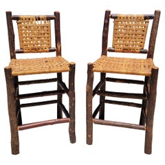 Early 20th C Old Hickory Bar Stools, Pair