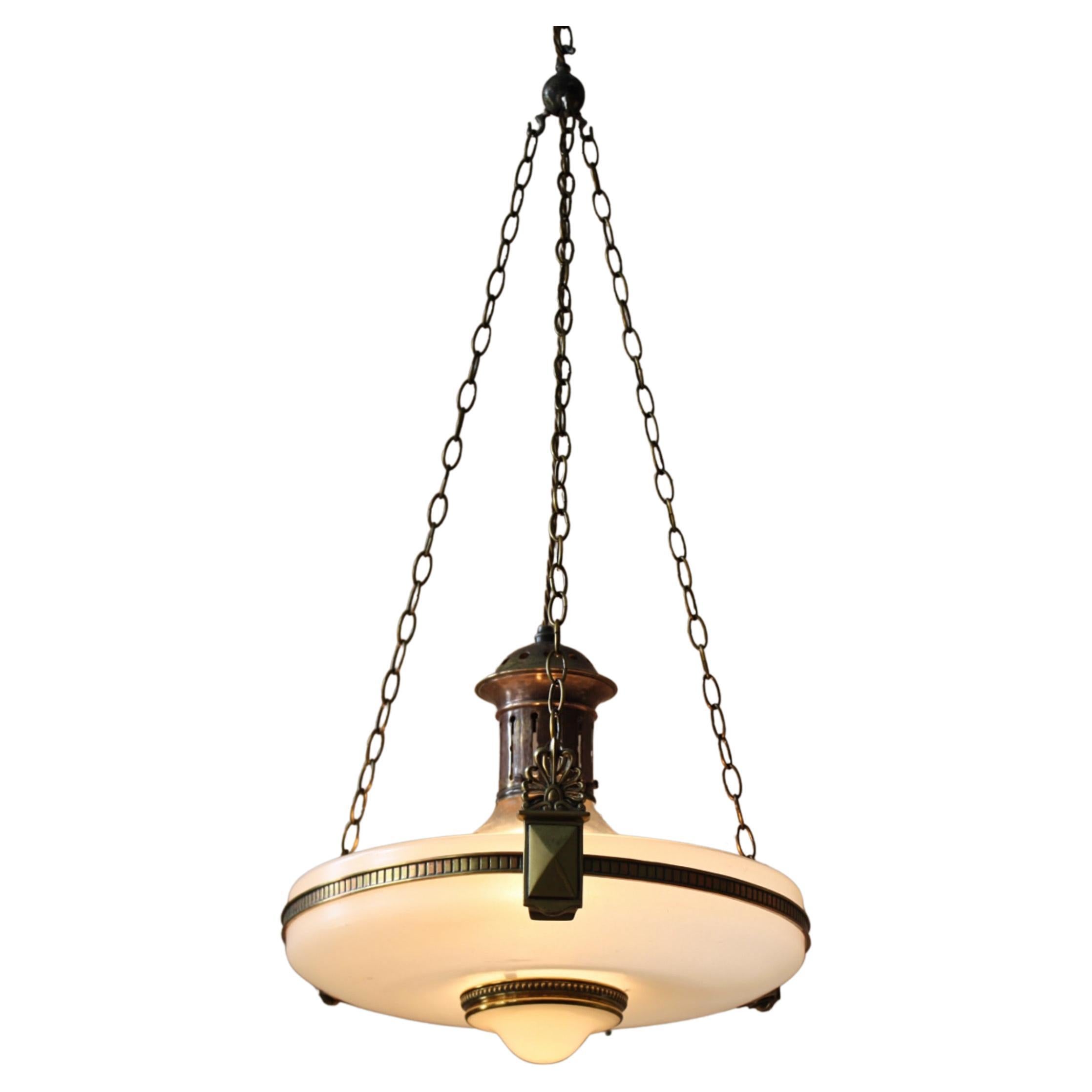 Mid C Brass Steel Opaline Glass Flying Saucer Pendants Lights Four