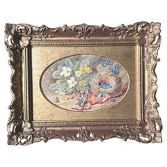 Early 20th C Original Watercolour of Bird's Nest with Primroses in Gilt Frame