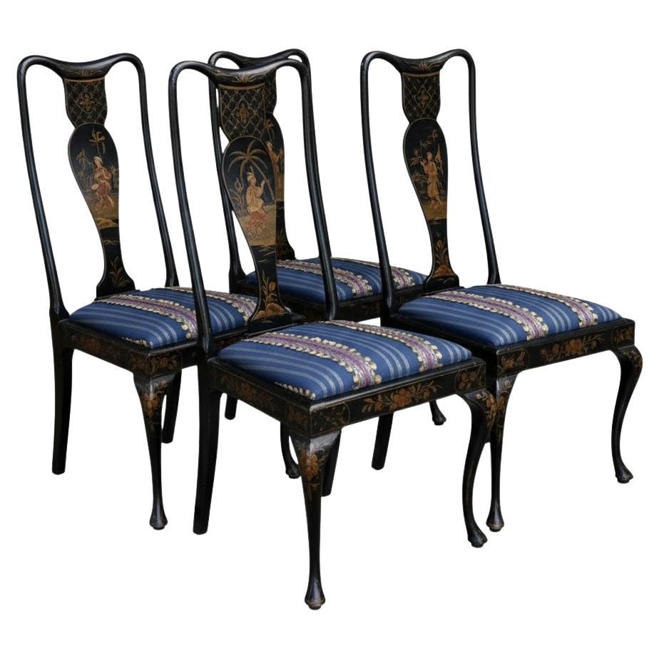 Early 20th-C. Painted English Queen Anne Style Chinoiserie Dining Chairs - Set 4