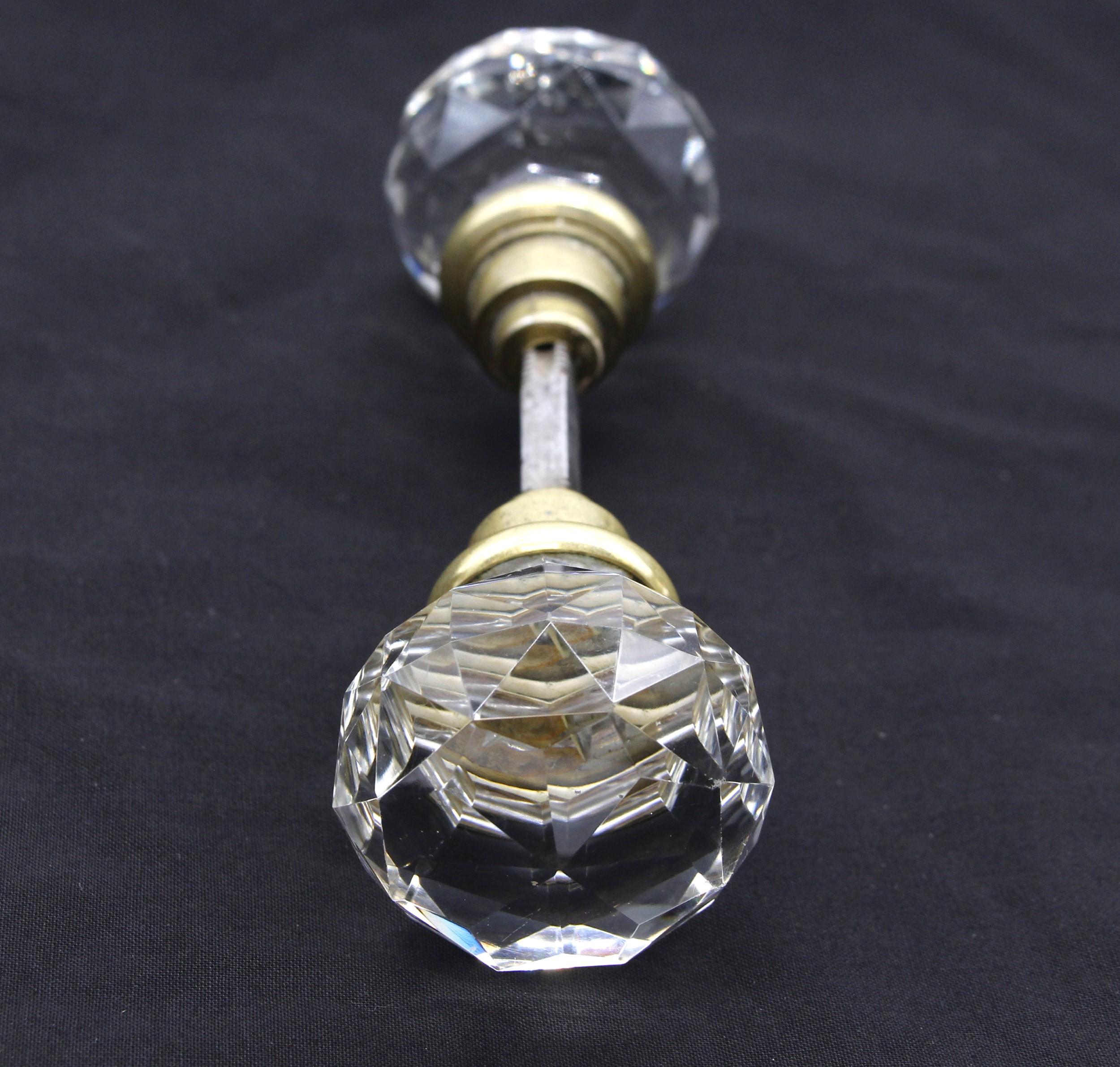 20th Century Early 20th C Pair Faceted Cut Glass Doorknobs w Spindle For Sale