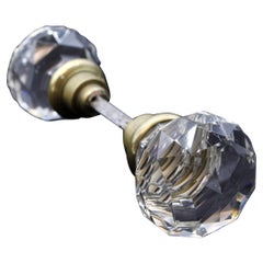Early 20th C Pair Faceted Cut Glass Doorknobs w Spindle
