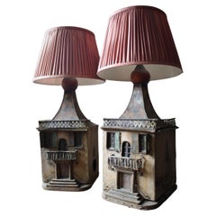 Antique Early 20th C Pair French Tole Ware Painted Table Lamps the Hospice De Beaune