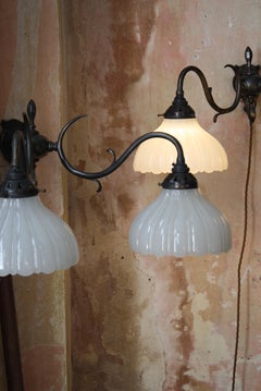 Early 20th C Pair of Bronze & Jefferson Gothic Double Arm Wall Sconces Lights