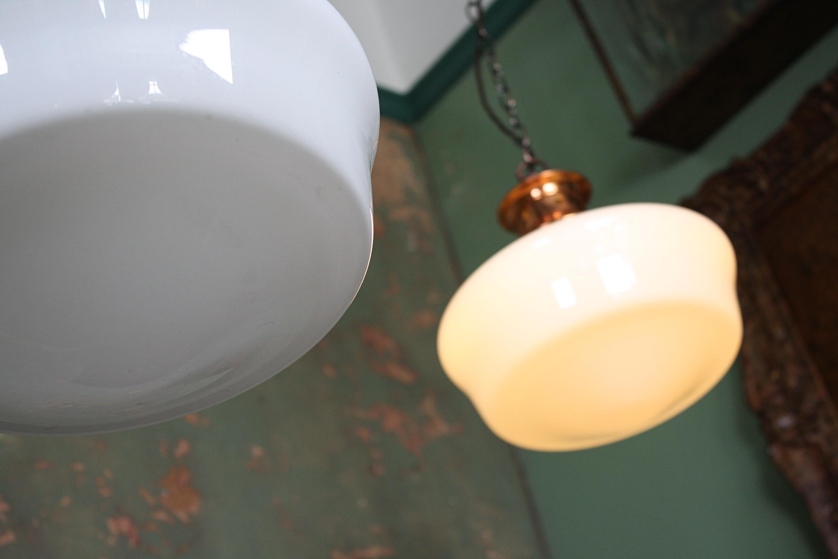 Pair of Edwardian Opaline Milk Glass School House Pendants Lights In Good Condition In Lowestoft, GB