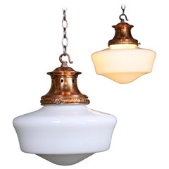 Pair of Edwardian Opaline Milk Glass School House Pendants Lights