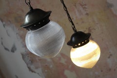 Early 20th C Pair of Holophane Prismatic Glass Acorn Teardrop Pendants Lights