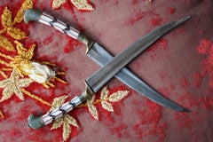 Early 20th C Pair of Indo-Persian Mother of Pearl, Brass and Nephrite Knives