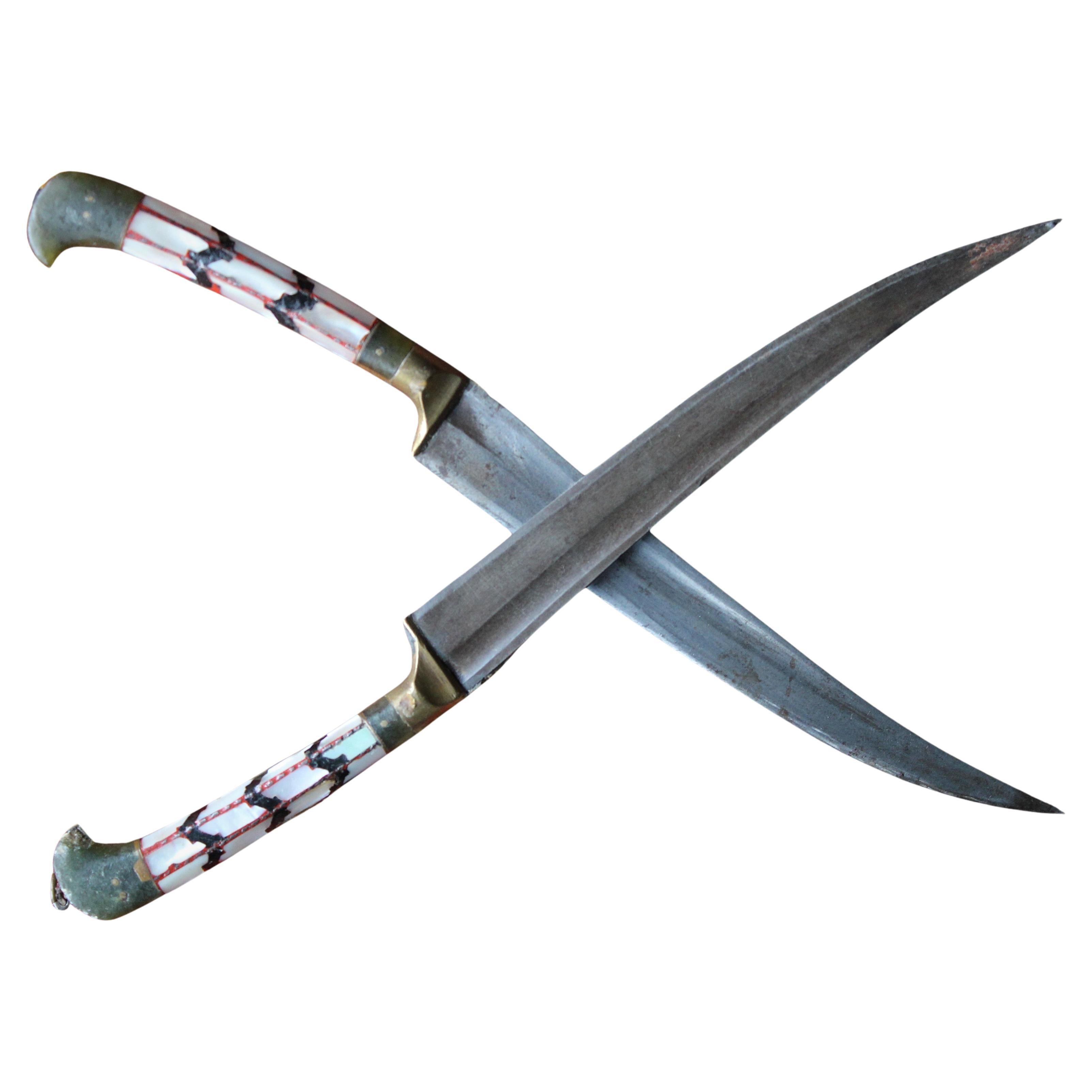 Early 20th C Pair of Indo-Persian Mother of Pearl, Brass and Nephrite Knives